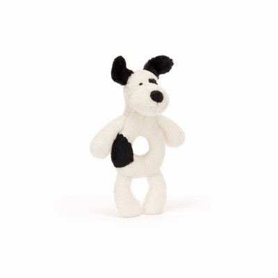 Jellycat Bashful Black & Cream Puppy Ring Rattle Australia | 106532LJP